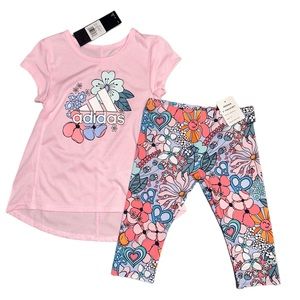 NWT Adidas Toddler Girls 2 Piece Pink Floral Top and Capri Tight Set - Size 3T